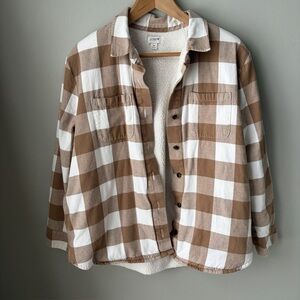 J. Crew Tan and White Plaid Fleece Jacket Size M